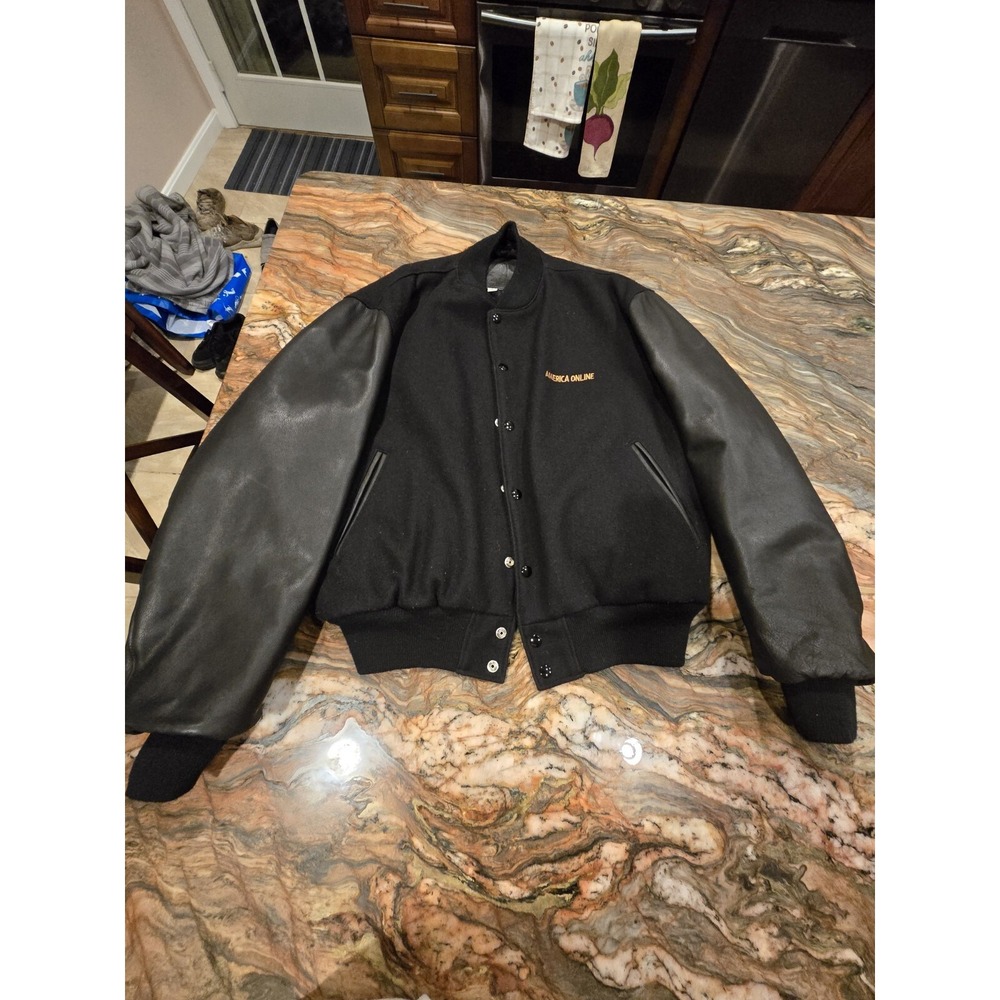 Vintage America Online AOL 90s Employee Varsity Leather Jacket Black Size XL